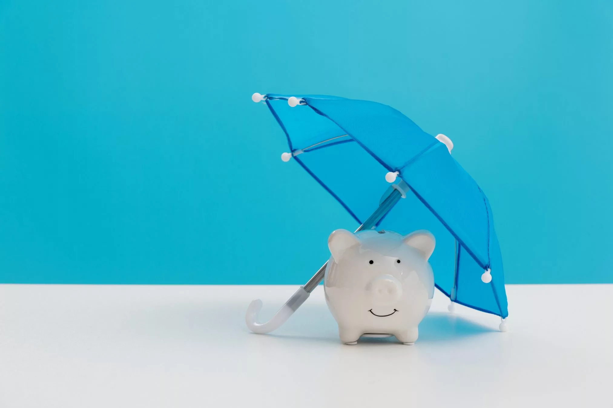 Life insurance claim: image shows a piggy bank with a blue umbrella above it.